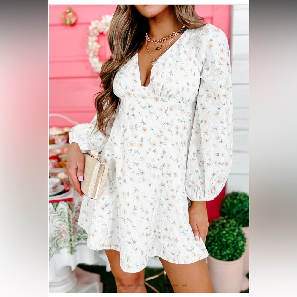 Womens Size M Bursting With Joy Long Sleeve Floral Embroidered Mini Dress (White - Picture 3 of 16